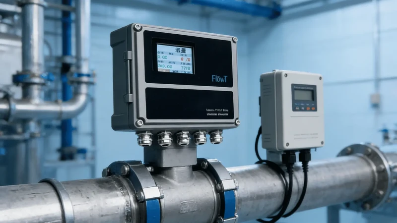Transit-time clamp-on ultrasonic flow meter installed on an industrial water pipe in a utility or HVAC system Transit-time clamp-on ultrasonic flow meter installed on an industrial water pipe in a utility or HVAC system